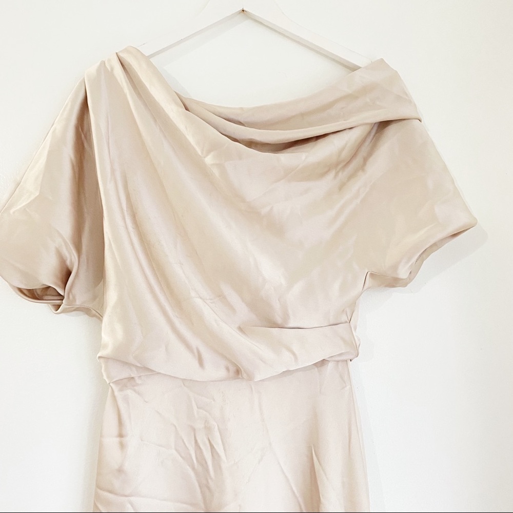 Amsale One Shoulder Satin Dress in champagne - Picture 12 of 13